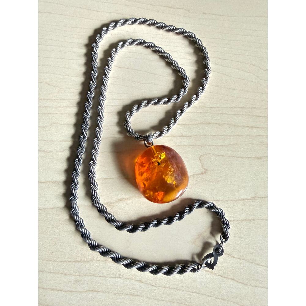 Vintage 800 Silver Rope Chain Necklace w/ Genuine Amber Pendant | 45.7g Total